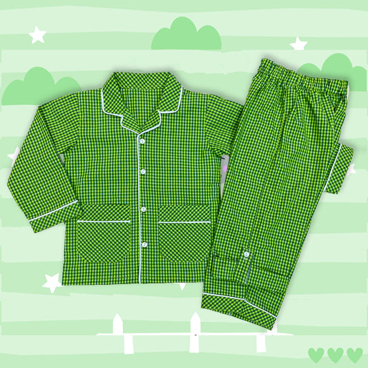 Green Checkered Boys Cotton Night Suit