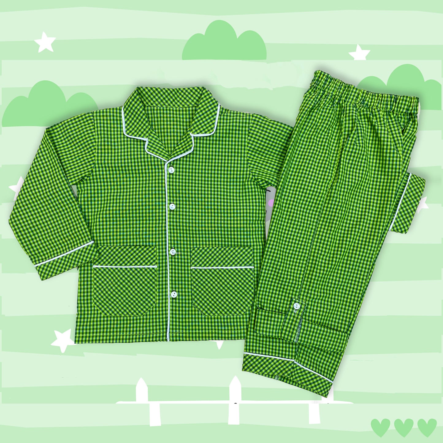 Green Checkered Girls Cotton Night Suit