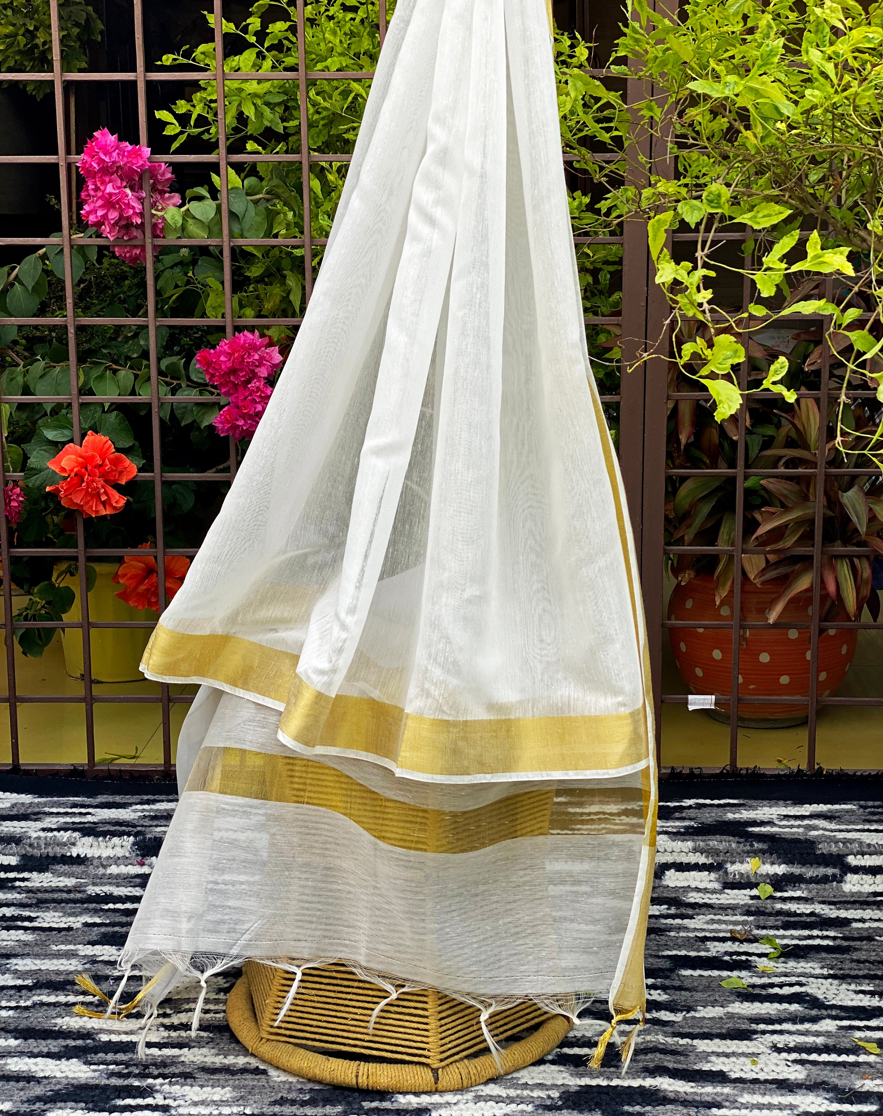 White Silk Dupatta With Golden Border Online The Feel Good Studio