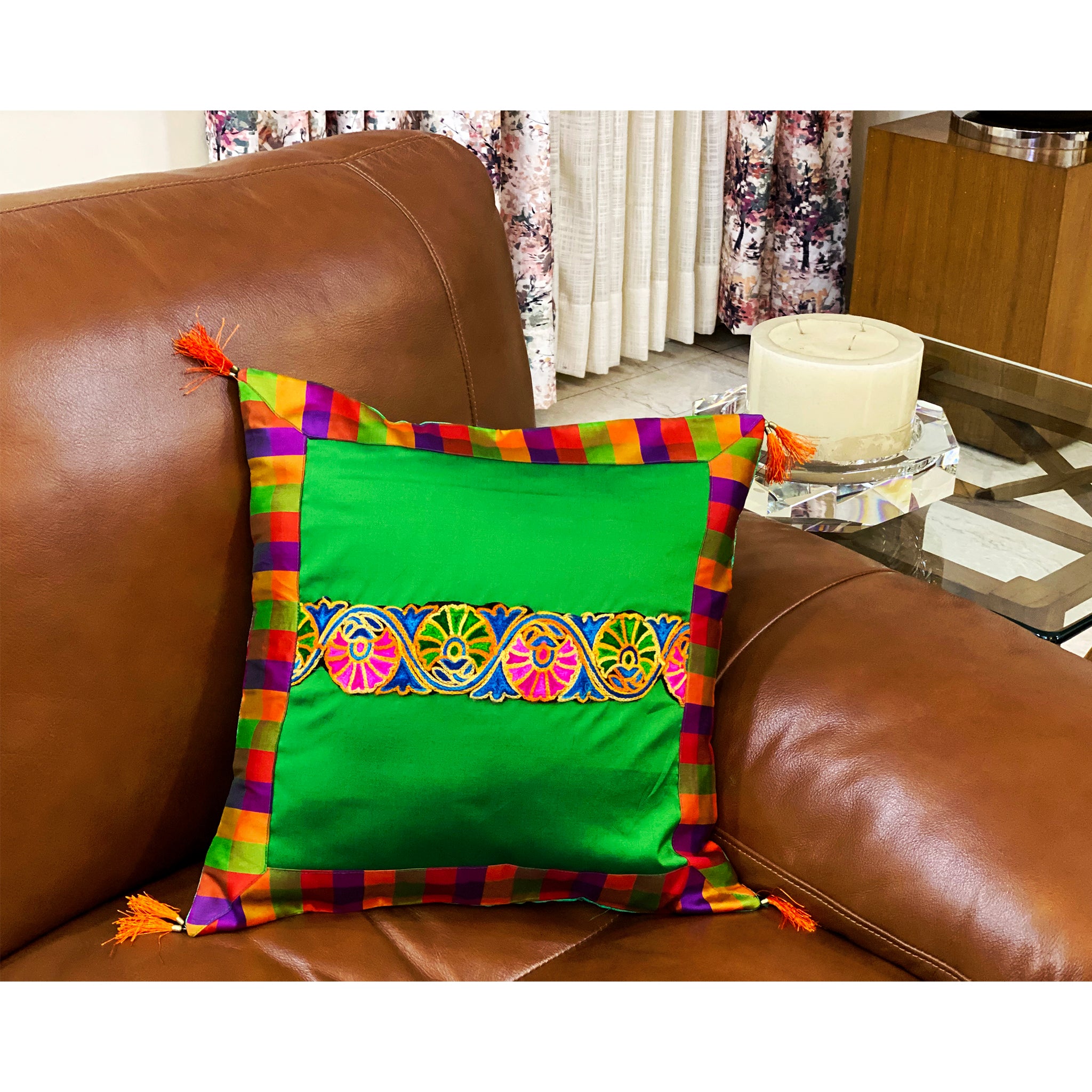 Festive Green Silk Cushion Cover With Colourful Border