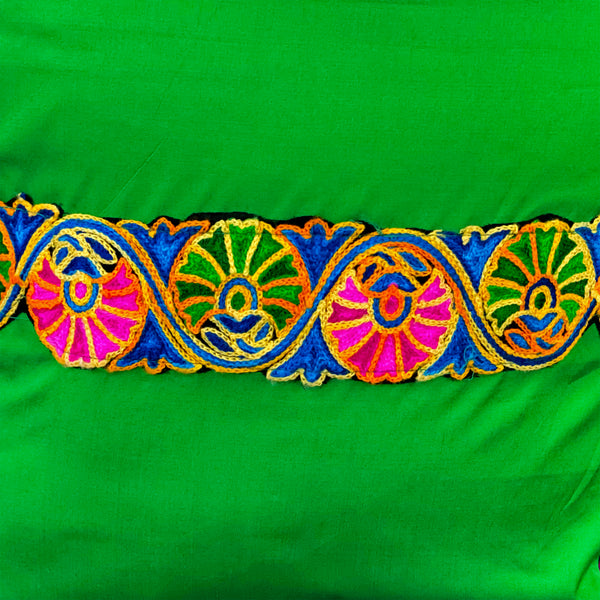 Festive Green Silk Cushion Cover With Colourful Border