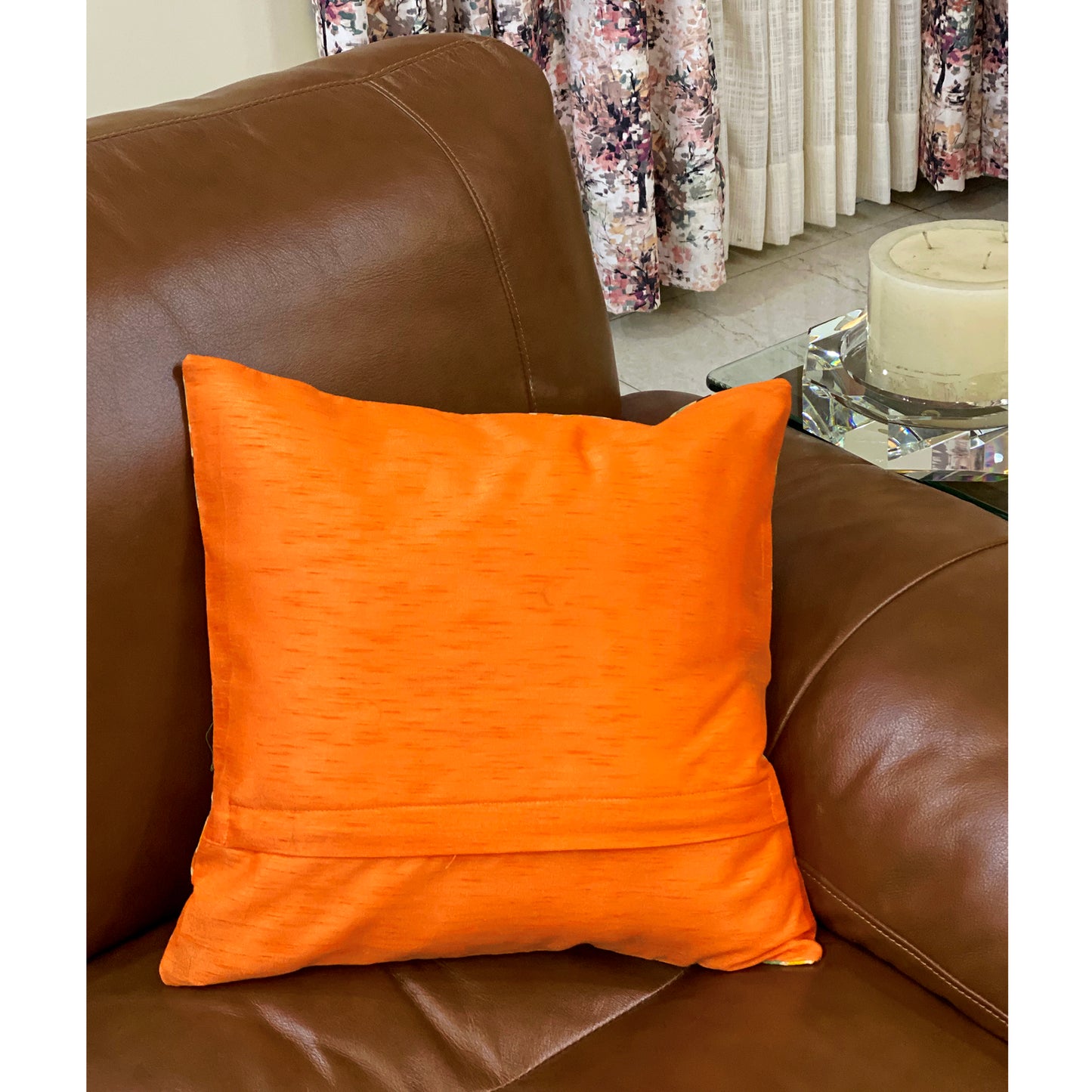 Festive Malta Orange Silk Cushion Cover With Intricate Lace Pattern