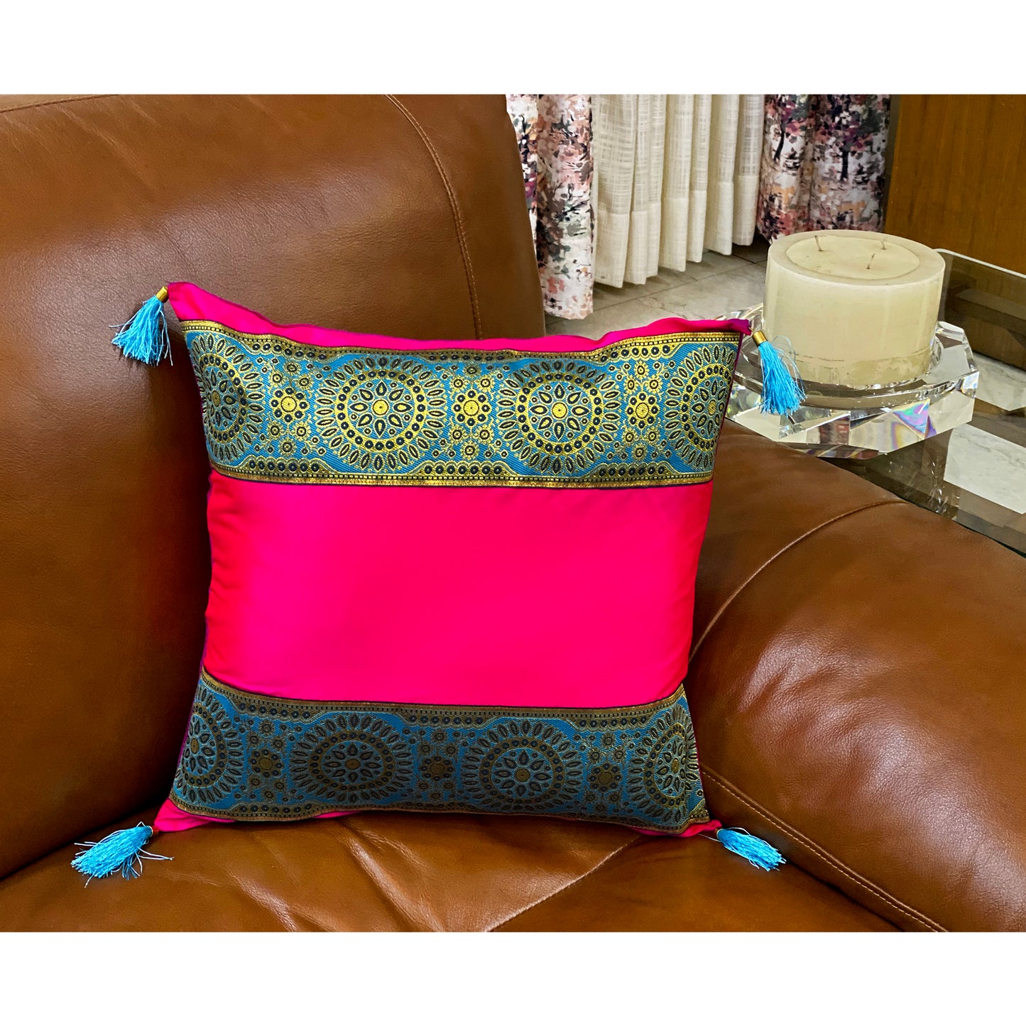 Bright Pink Silk Cushion Cover With Blue