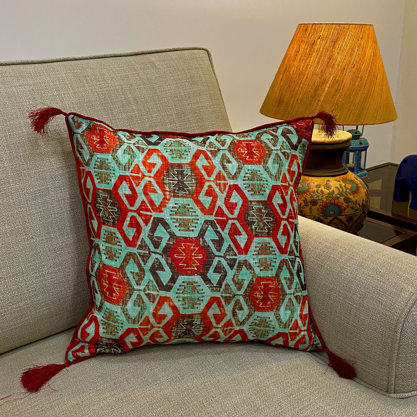 Turquoise Blue & Rust Cushion Cover