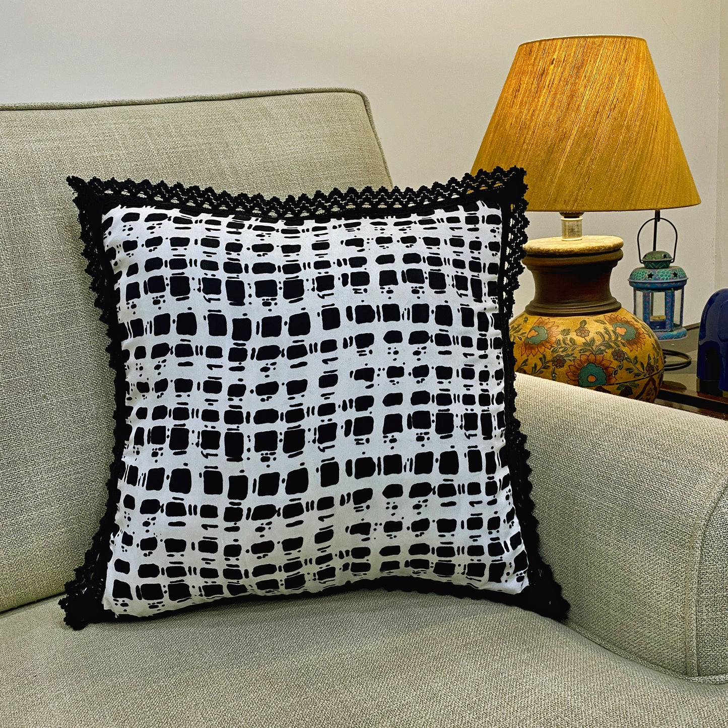 Black & White Cushion Cover With Lacework