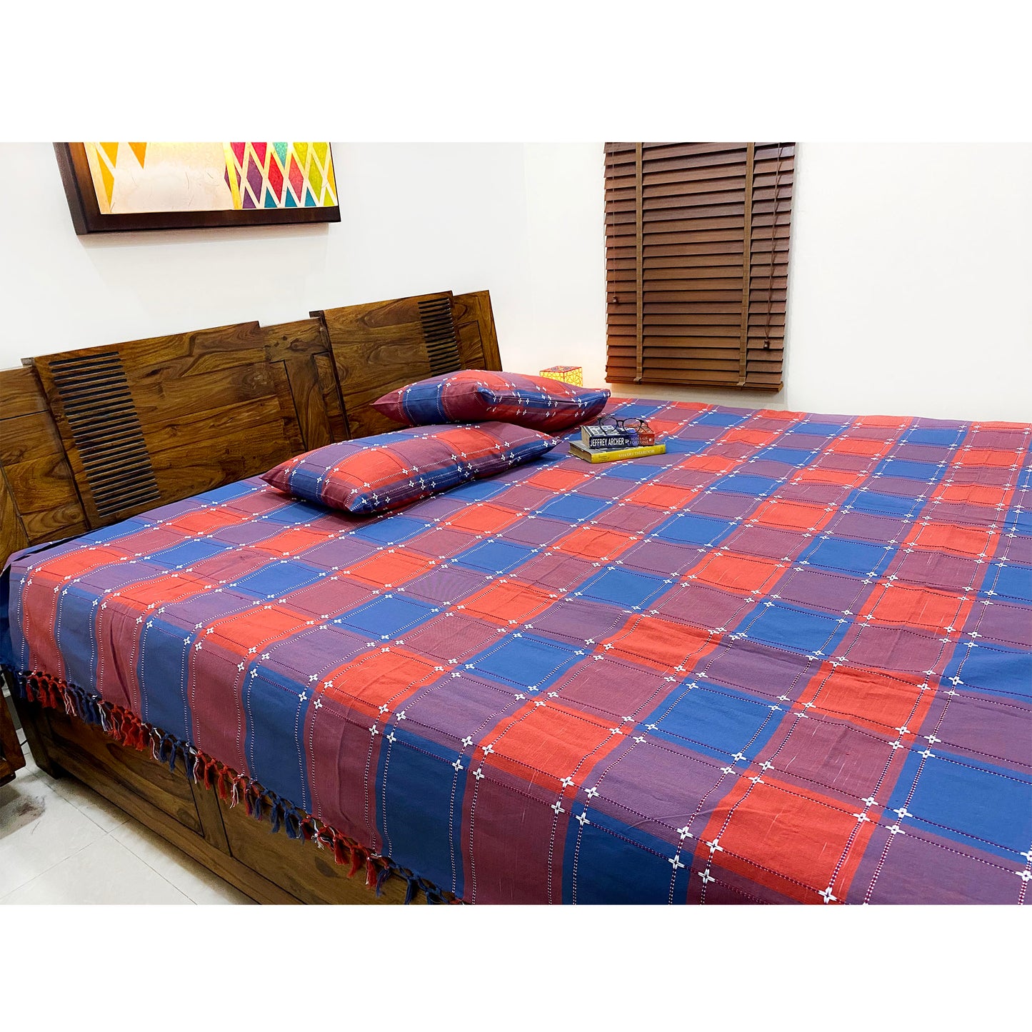Multicoloured Check Bed Cover With Pillow Covers