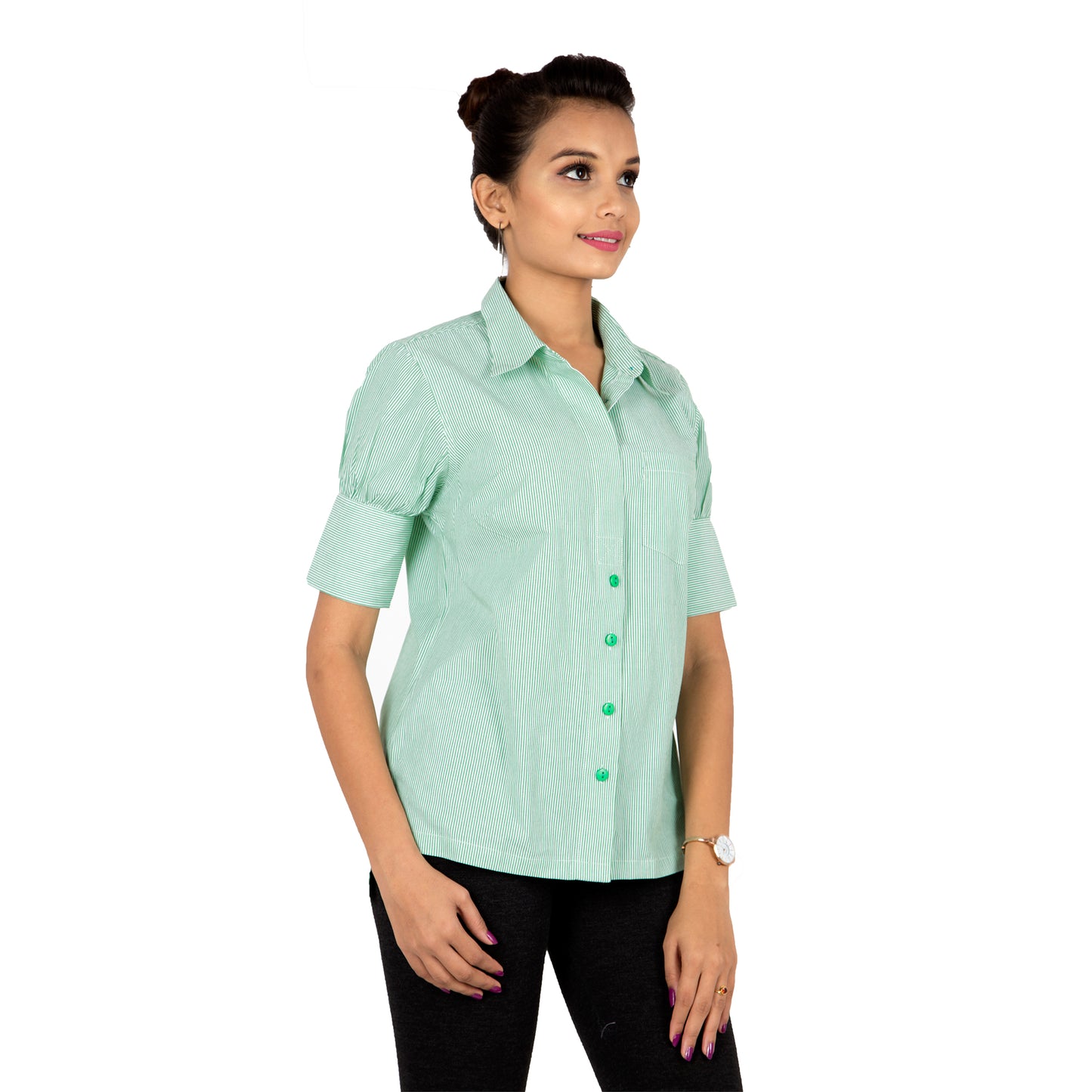 Green Pinstriped Semi Formal Shirt