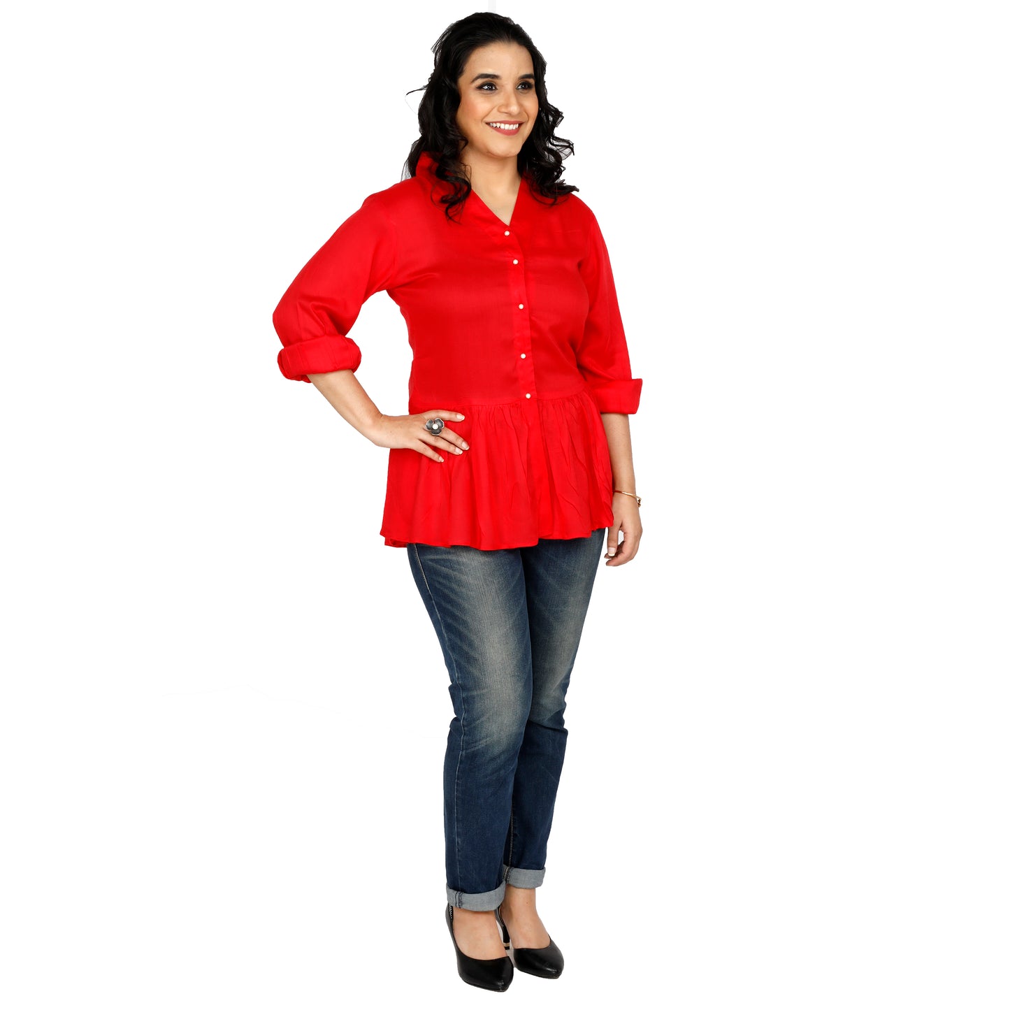 Lady in Red Peplum Shirt