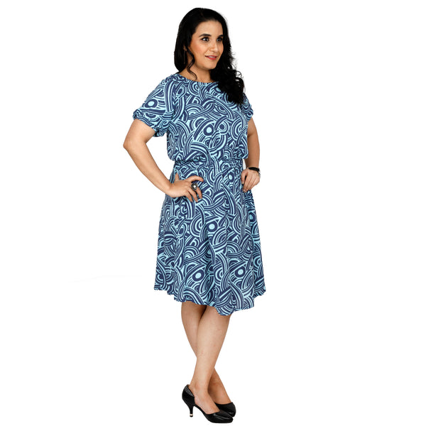 blue knee length casual dress in rayon fabric for women