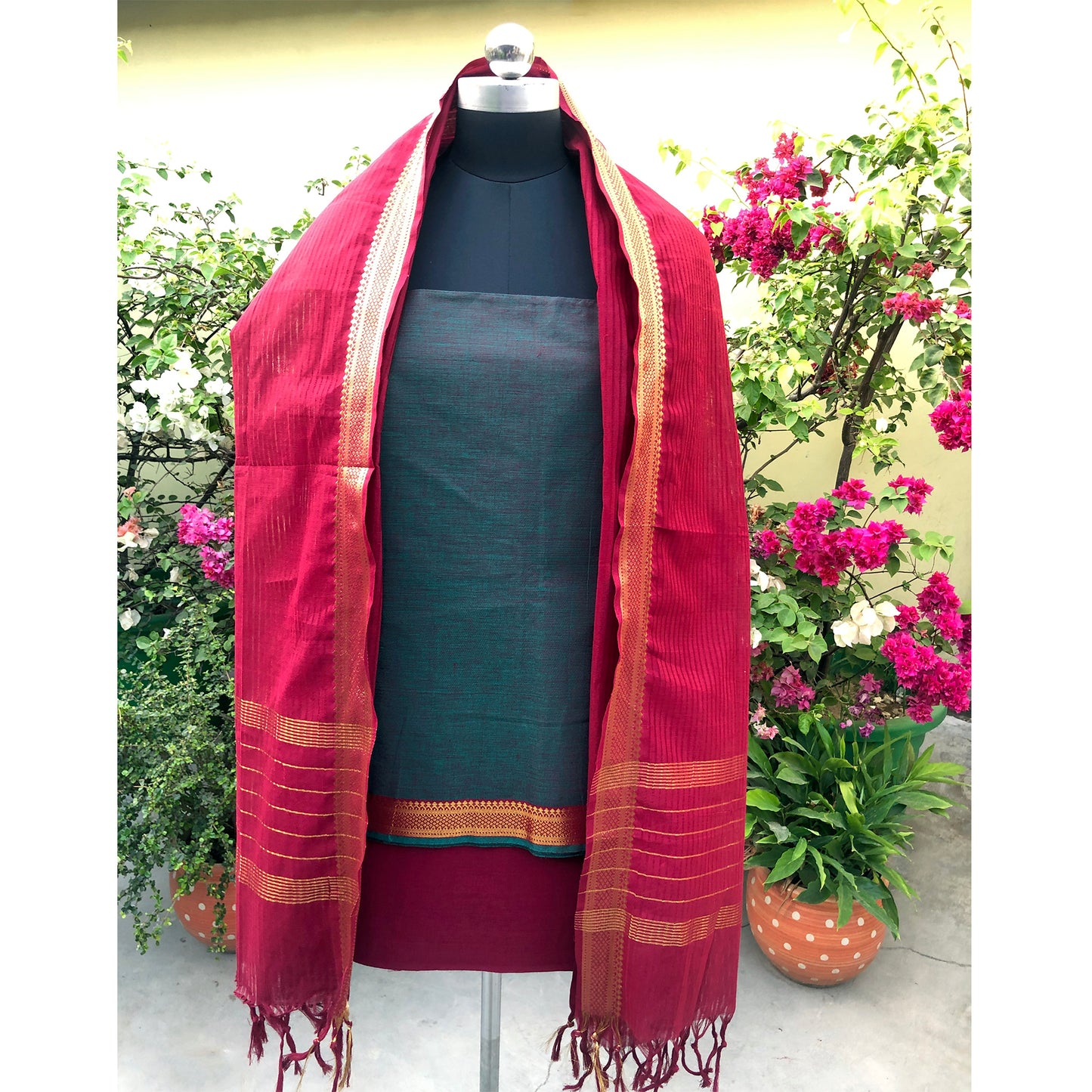 Marine Green & Magenta South Cotton Fabric Suit Length