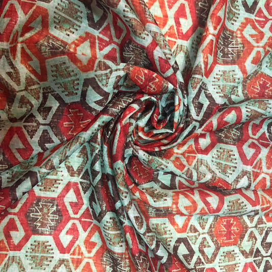 Turquoise Blue & Rust Patterned Mixed Cotton Fabric