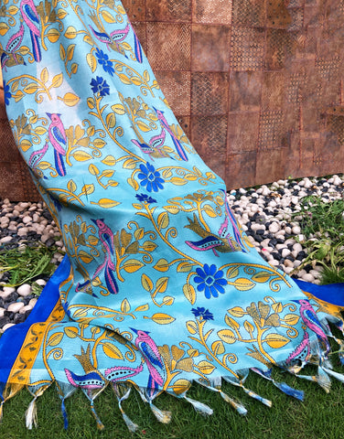 printed-firozi-blue-silk-dupatta-online-india