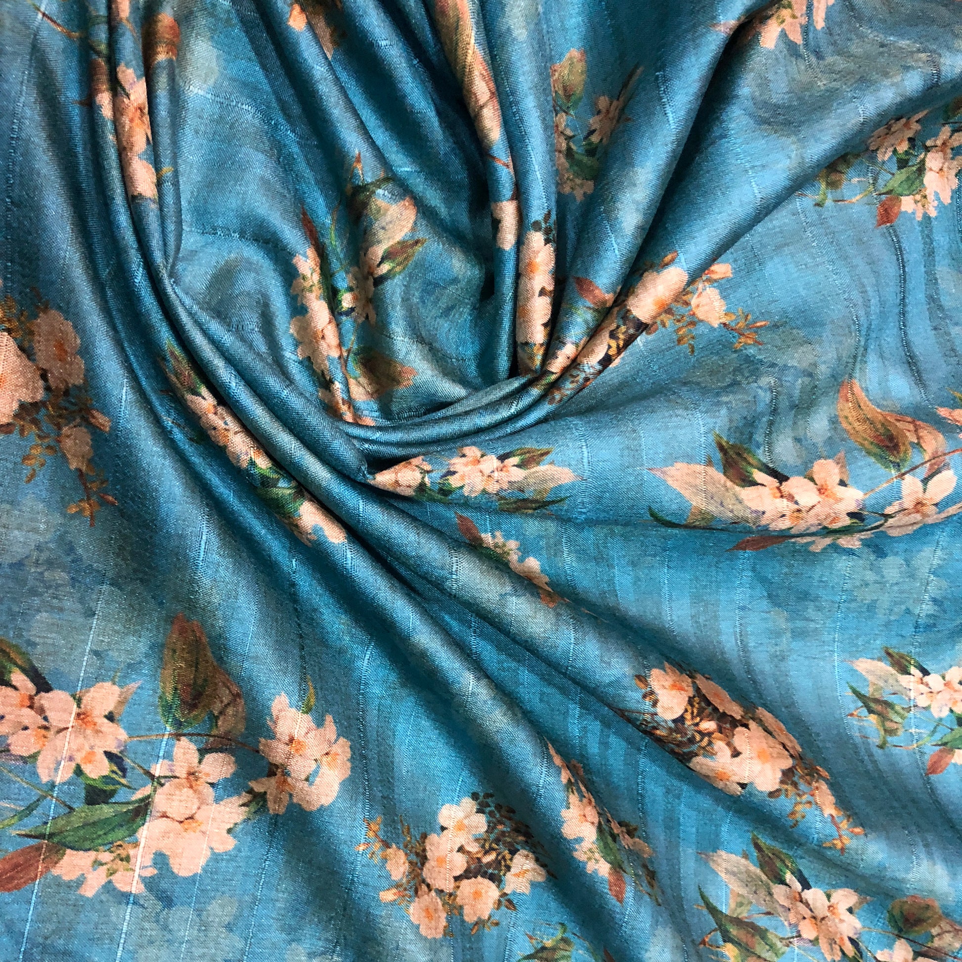 blue-tussar-fabric-online-with-rose-print-in-India